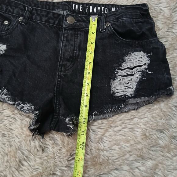 The Frayed Mid Rise Black Distressed Denim Shorts Women’s Size 10 Raw Hem Button - Picture 3 of 8